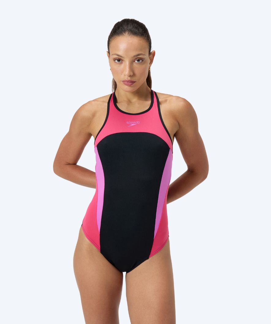Speedo badedrakt til damer - Splice Cross Back - Svart/lyserød