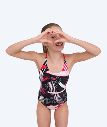Speedo badedrakt til jenter - Junglespeak Allover Tieback - Svart/Rød/Lyserød