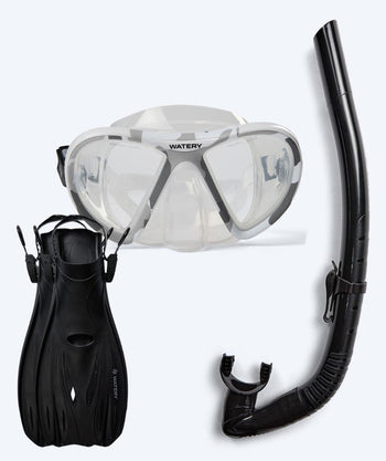 Watery snorkelsett til voksne (fra 15 år) - Rudder Camo/Itzel/Delmere - Klar/svart