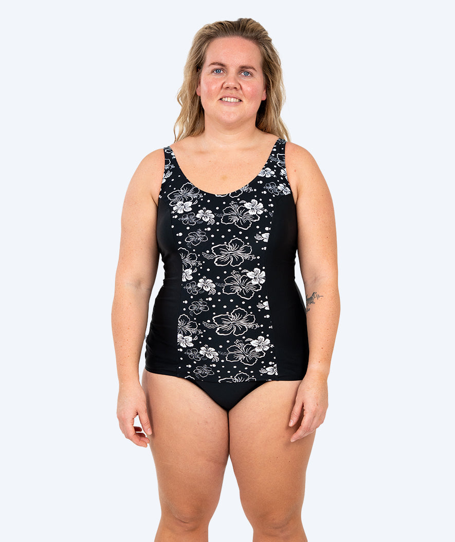 Watery badedrakt plus size til damer m. blomster - Vale - Svart/hvit