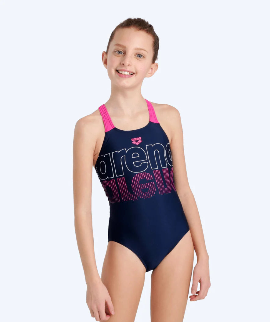 Arena svømmedragt for piger - Graphic V back - Mørkeblå / pink